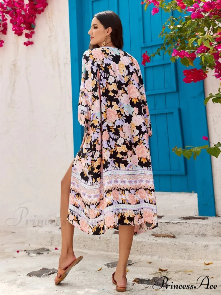 Soft Rayon Floral Patterned Long Sleeve Boho Wrap