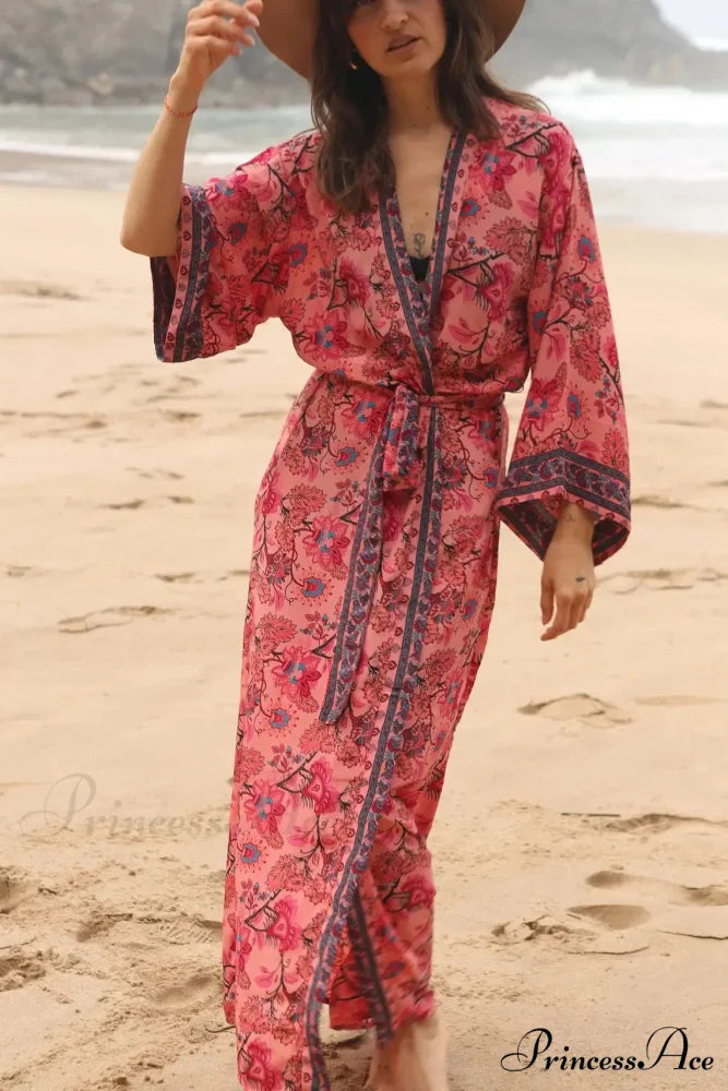 Soft Rayon Kimono Boho Seaside Cover up Roomy Dress