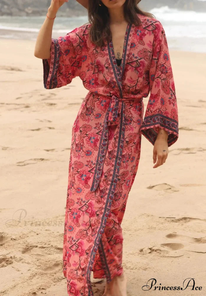 Soft Rayon Kimono Boho Seaside Cover up Roomy Dress