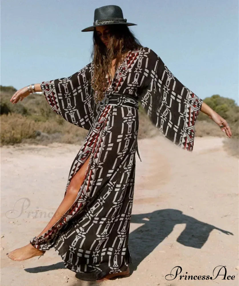 Soft Rayon Kimono Boho Swimsuit Cover up Extended Sleeve