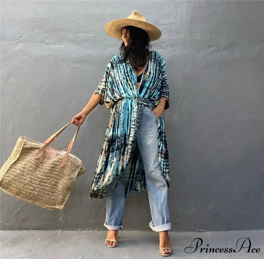 Soft Rayon Striped Pattern Cardigan Boho Beach Cover up