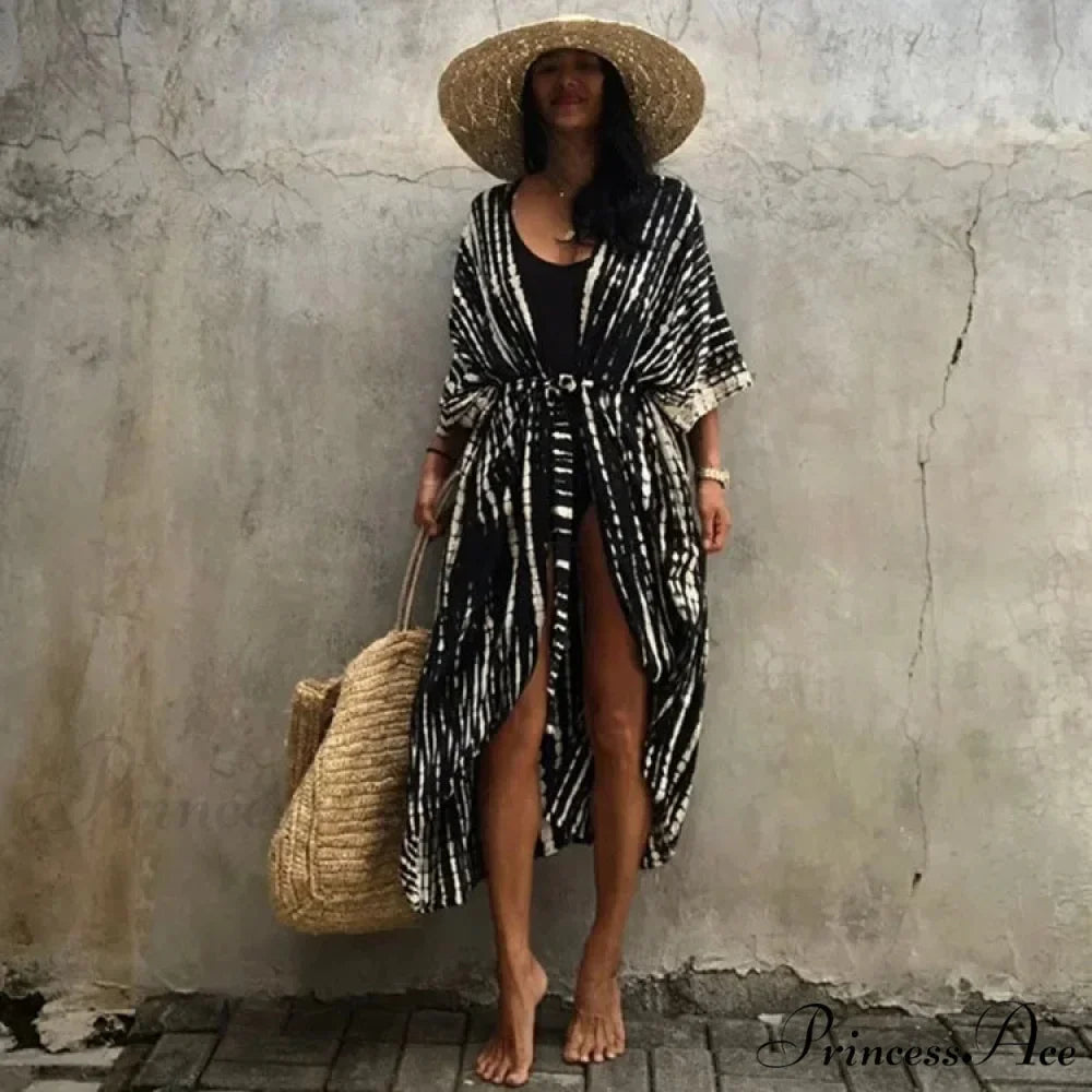 Soft Rayon Tie-Dye Lines Boho Kimono Cover up