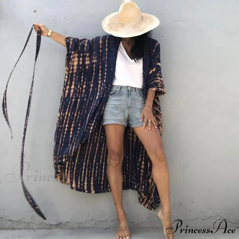 Soft Rayon Tie-Dye Lines Boho Kimono Cover up