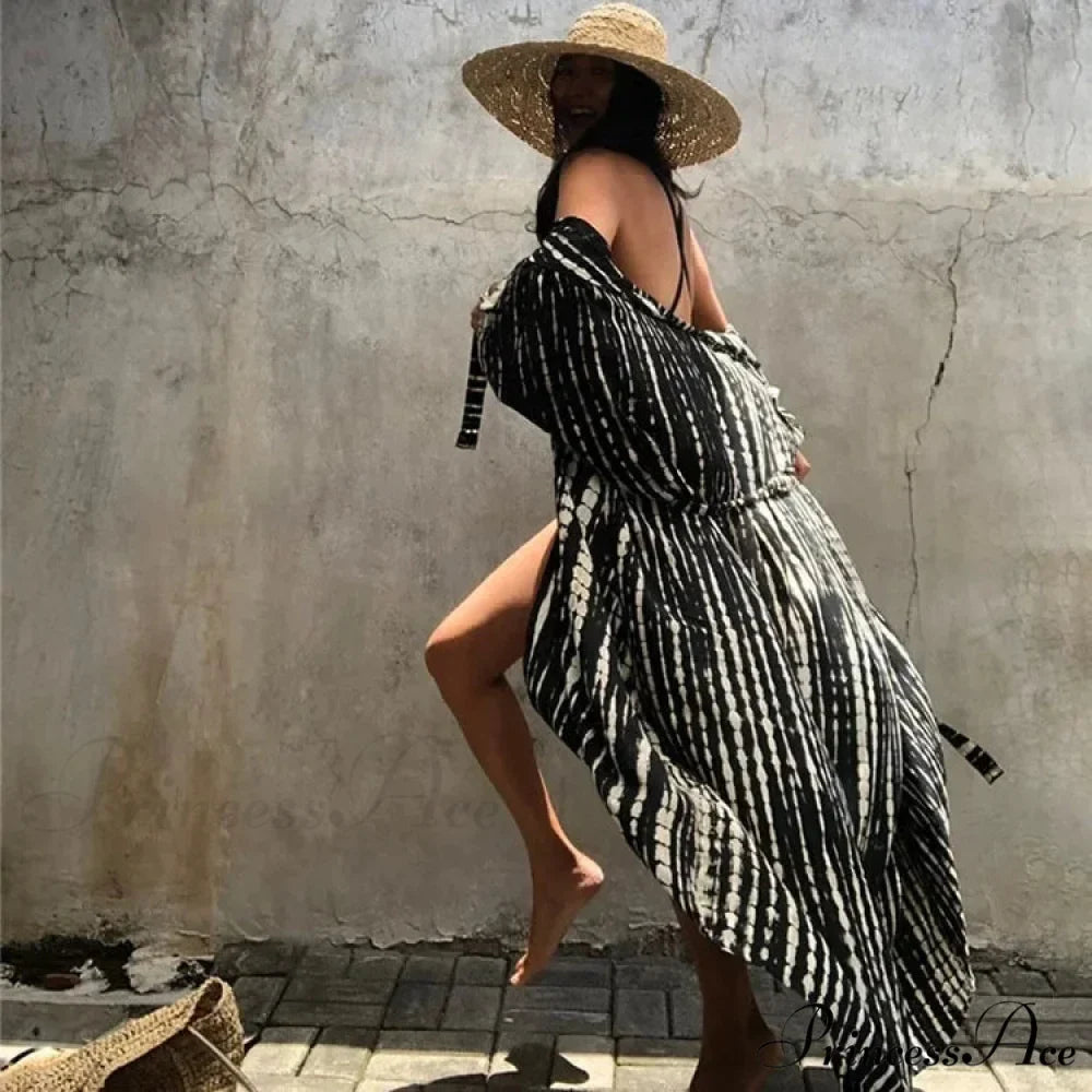 Soft Rayon Tie-Dye Lines Boho Kimono Cover up