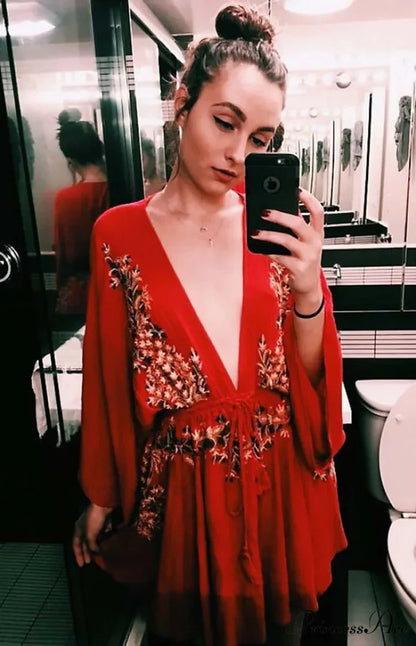 Soft Rayon Violet Floral Stitching Bohemian Dress