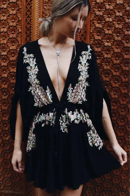 Soft Rayon Violet Floral Stitching Bohemian Dress