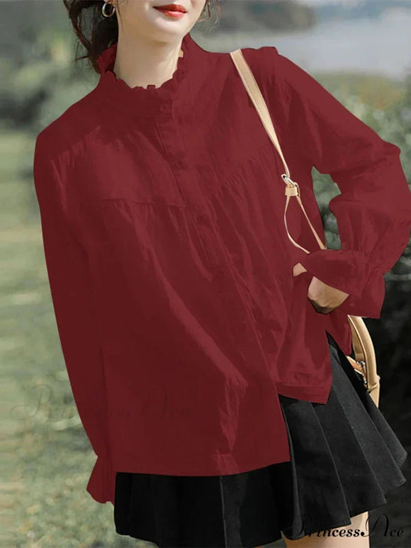 Solid Frilly High Neck Long Sleeve Blouse