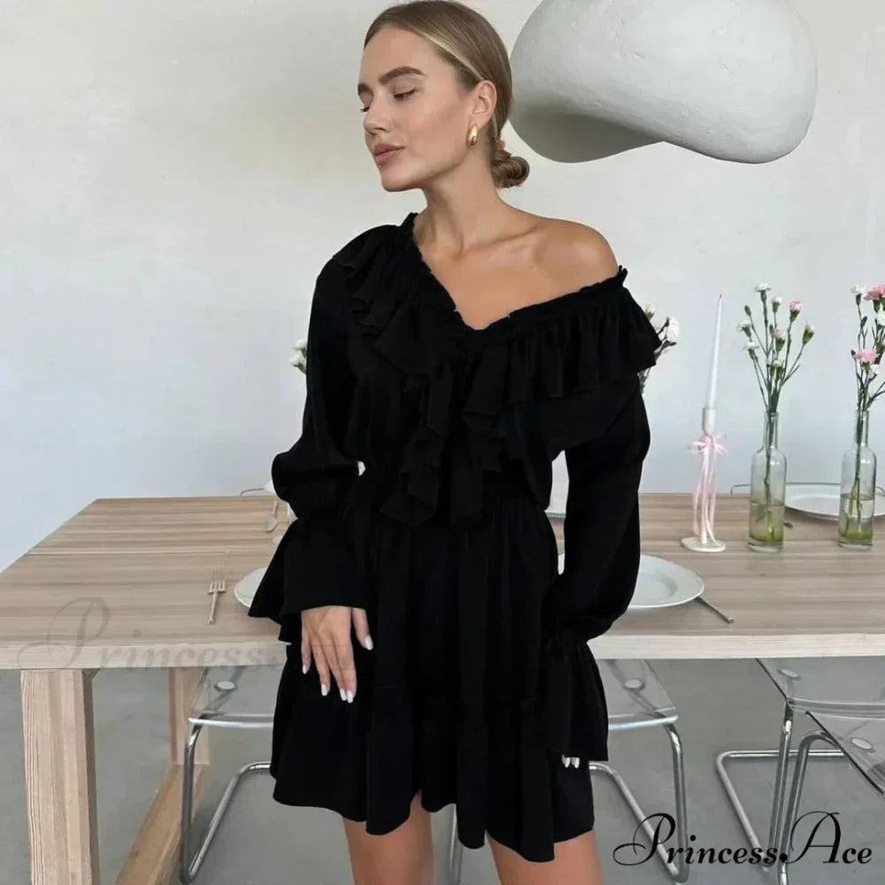 Solid Ivory Cotton Rayon Long Sleeve Frill Dress