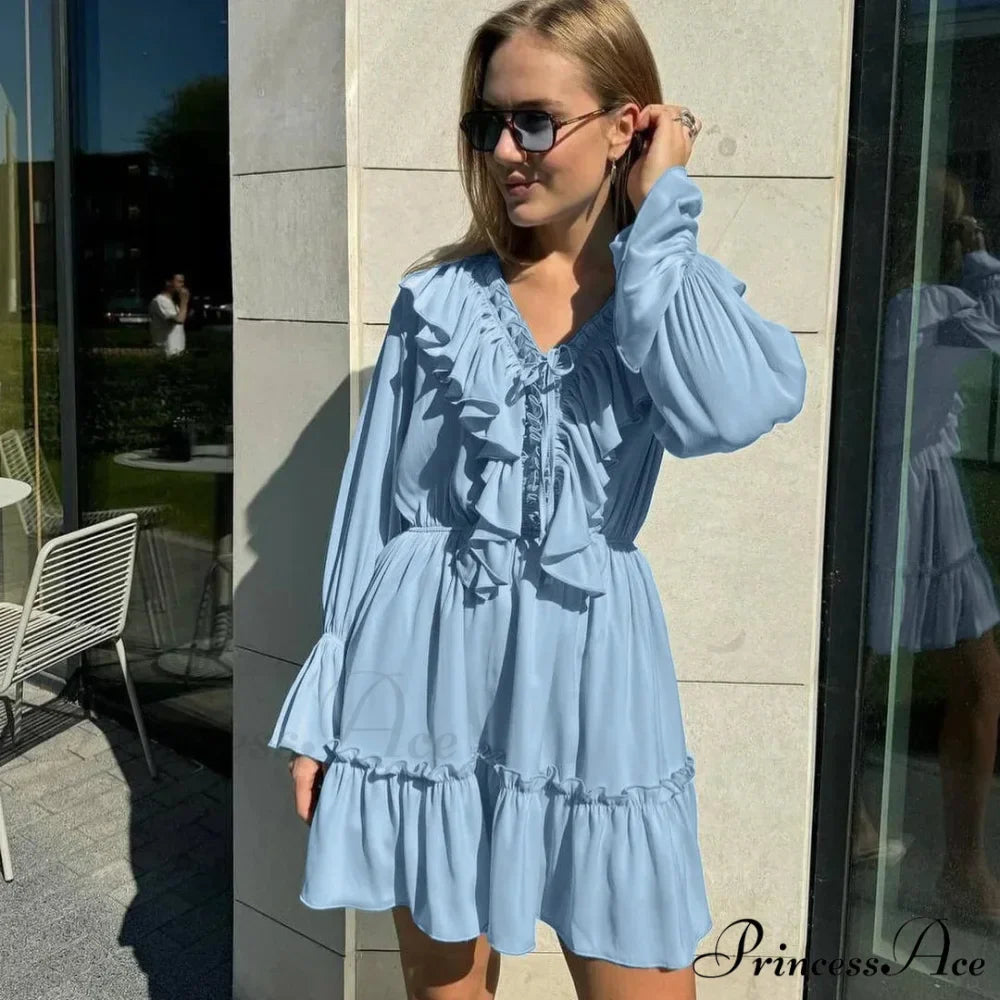 Solid Ivory Cotton Rayon Long Sleeve Frill Dress