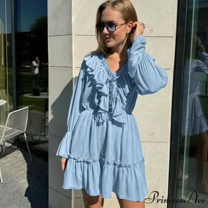 Solid Ivory Cotton Rayon Long Sleeve Frill Dress