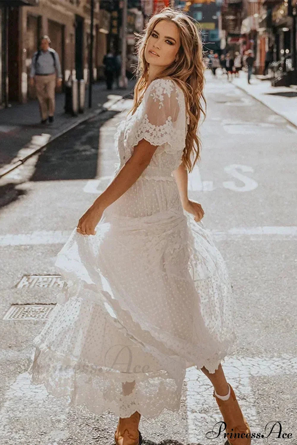 Solid Lace Short Sleeve V-neck Maxi Boho Dress