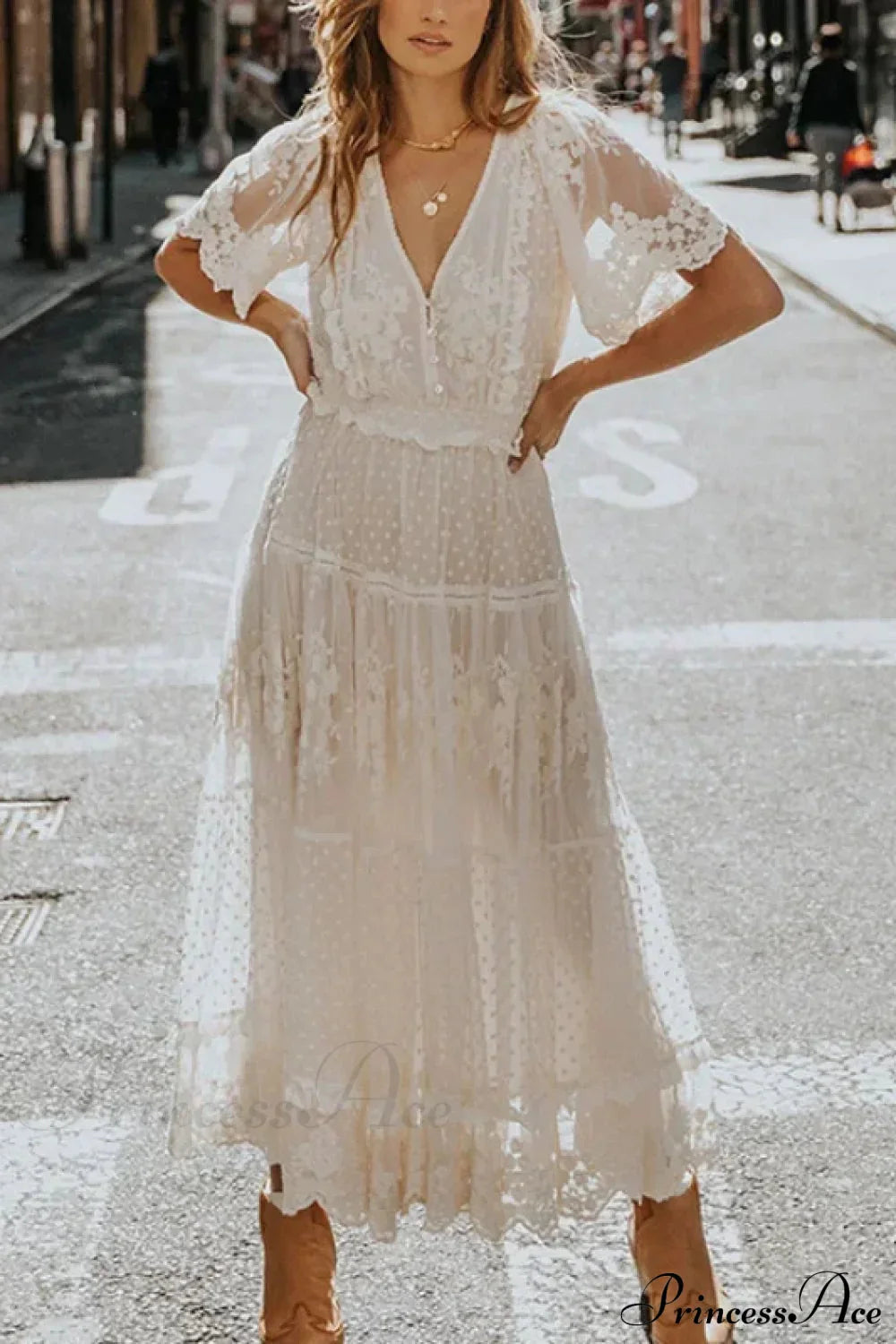 Solid Lace Short Sleeve V-neck Maxi Boho Dress