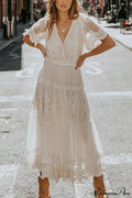 Solid Lace Short Sleeve V-neck Maxi Boho Dress