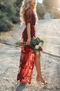 Solid Short Sleeve Lace V-neck Loose Maxi Boho Dress