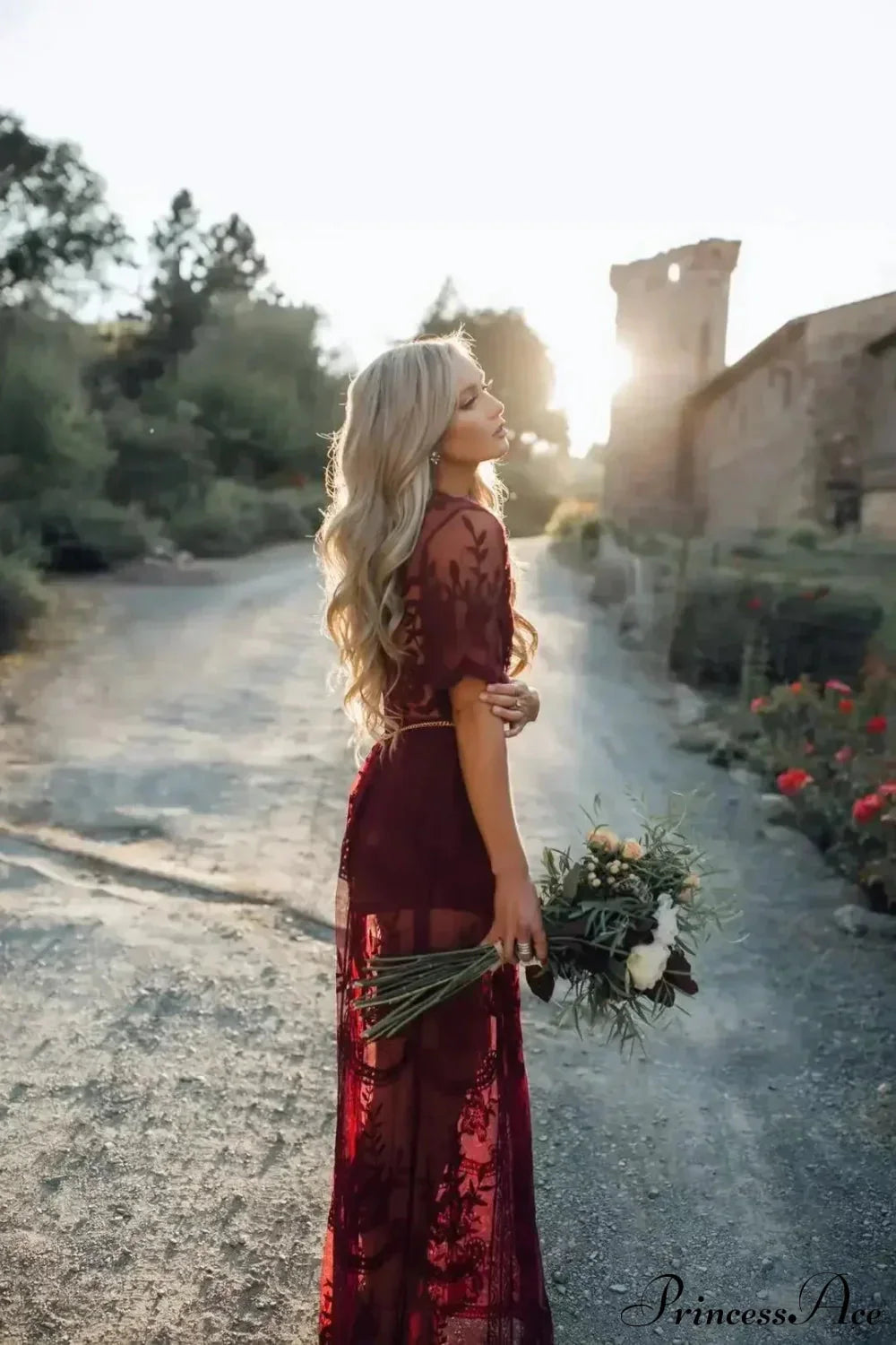 Solid Short Sleeve Lace V-neck Loose Maxi Boho Dress