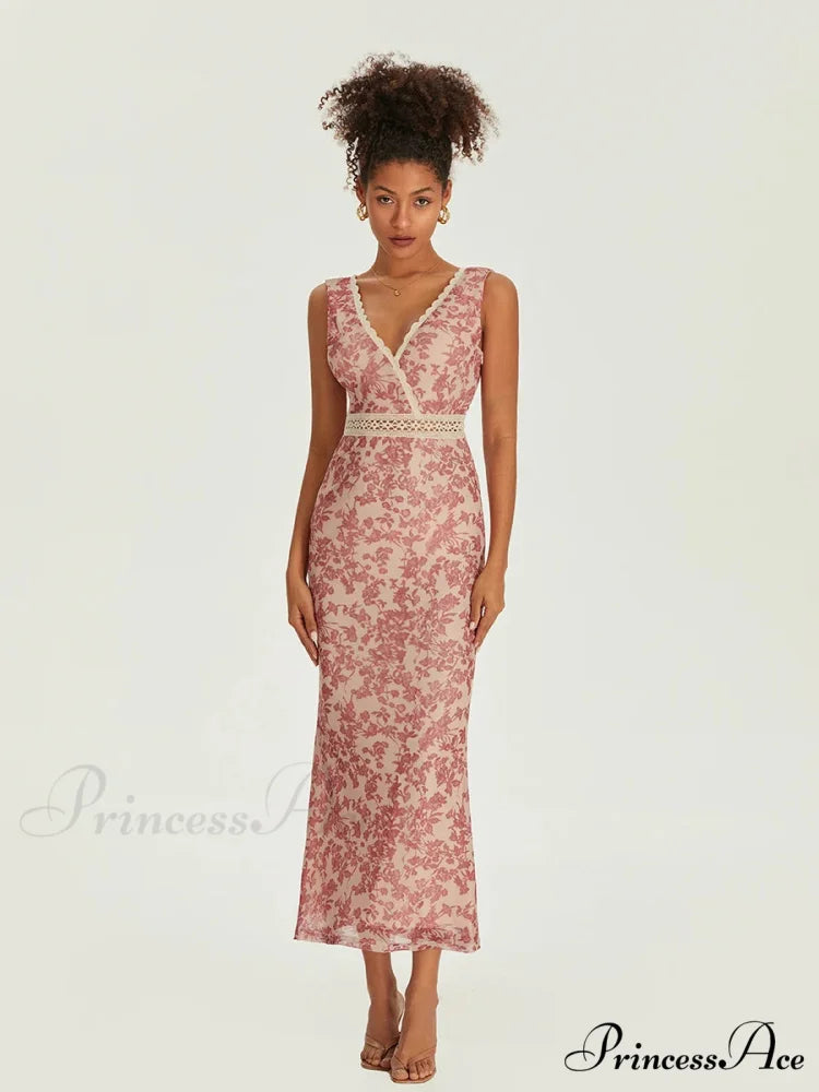 Sophisticated Flower Fishtail Lace Trim Wrap V-neck Bodycon Flower Dress