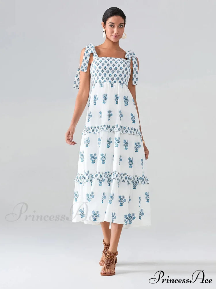 Spacious Bands Flowy Flowered Bohemian Seaside Frill Trim Square Neck A-Line Dress