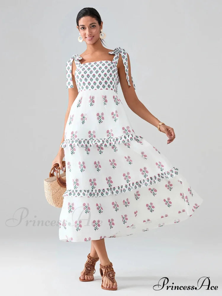 Spacious Bands Flowy Flowered Bohemian Seaside Frill Trim Square Neck A-Line Dress