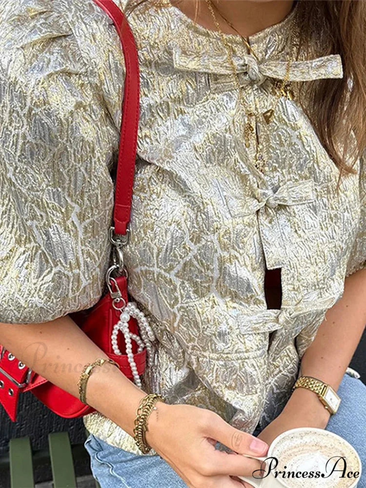 Sparkling Lace-Up Bow Puffy Sleeve Brief Blouse