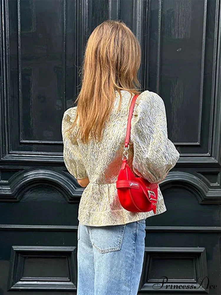 Sparkling Lace-Up Bow Puffy Sleeve Brief Blouse