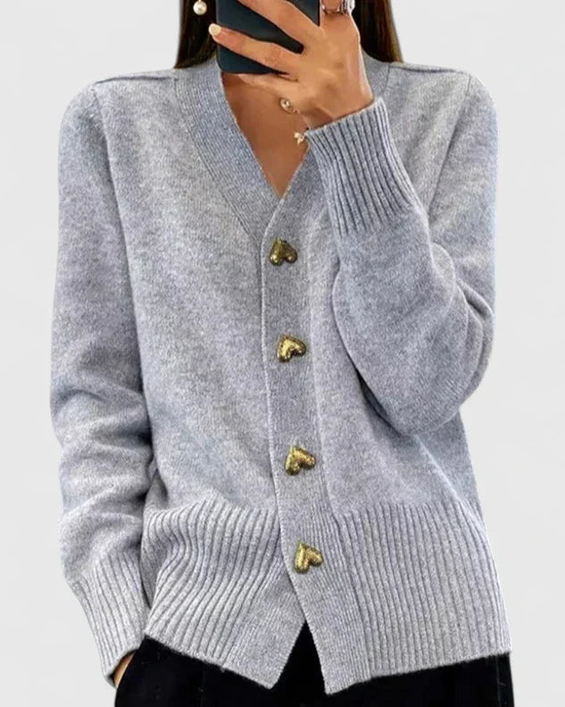 Lillyanne | Women's Cashmere V-Neck Cardigan, Heart Button Detail – Elegant Layering