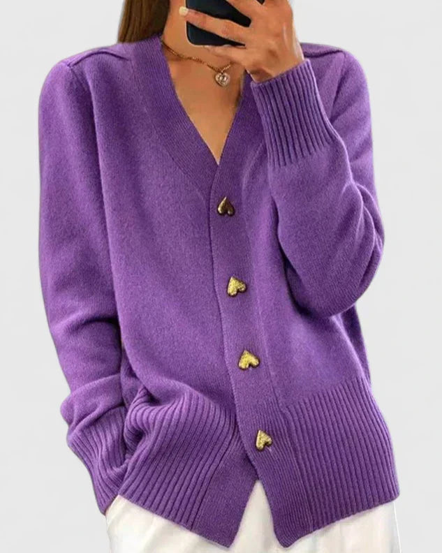 Lillyanne | Women's Cashmere V-Neck Cardigan, Heart Button Detail – Elegant Layering