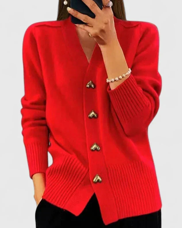 Lillyanne | Women's Cashmere V-Neck Cardigan, Heart Button Detail – Elegant Layering