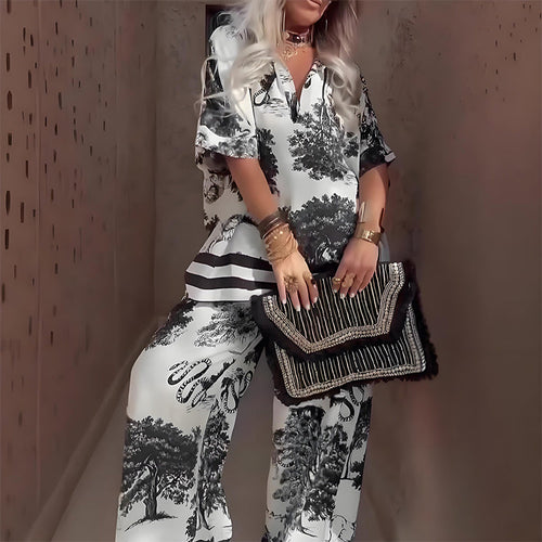 Amber | Printed V-Neck Top & Long Pants Set