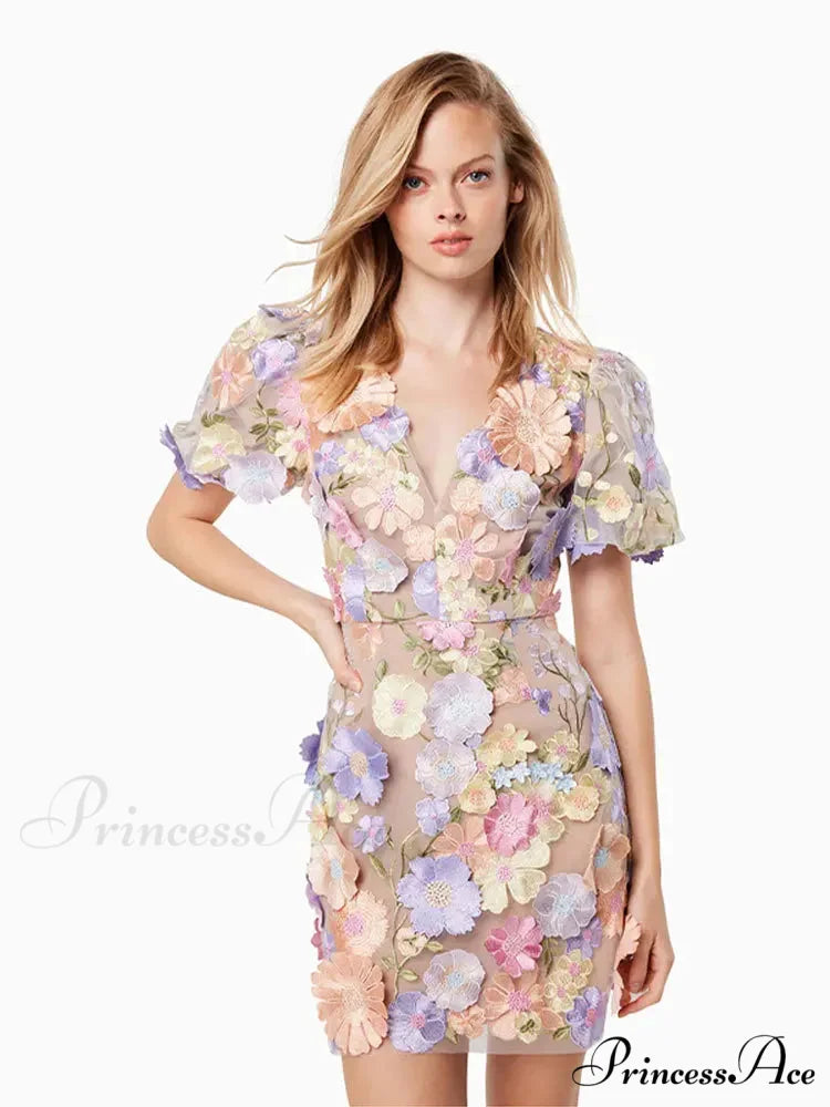 Stitched Blossom Pattern Puffed Sleeve Celebration Gown