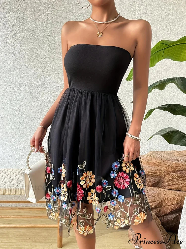 Stitched Net Flower Bandeau Retro Flower Dress