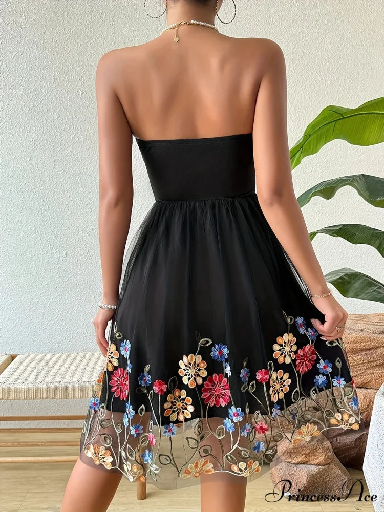 Stitched Net Flower Bandeau Retro Flower Dress