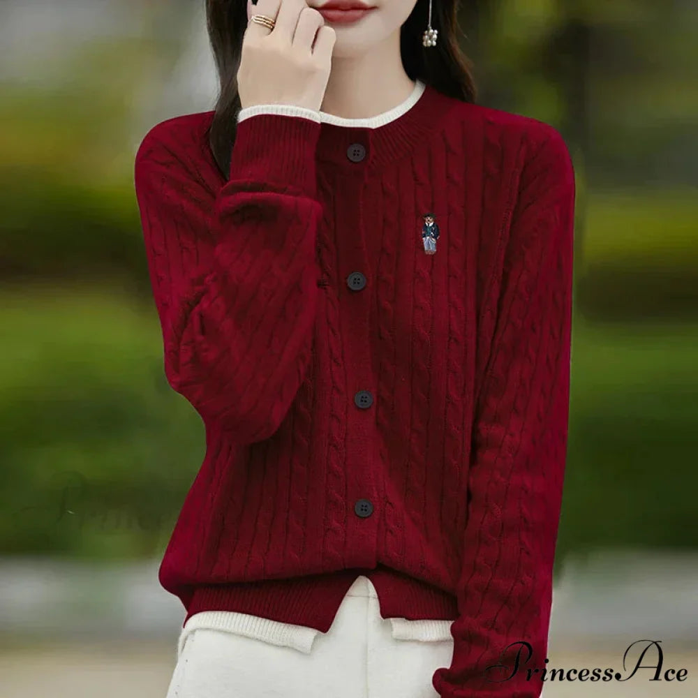 Stitched Small Bear Baggy Cashmere O-Neck Cardigan
