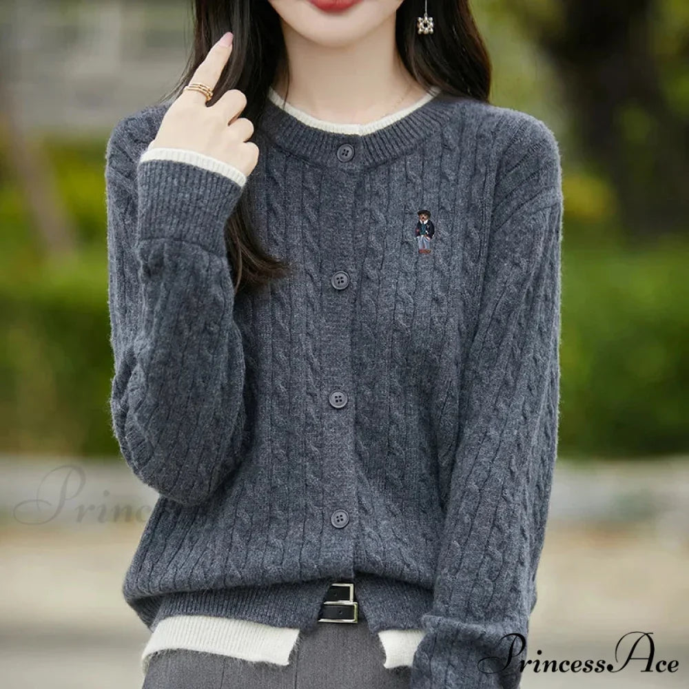 Stitched Small Bear Baggy Cashmere O-Neck Cardigan