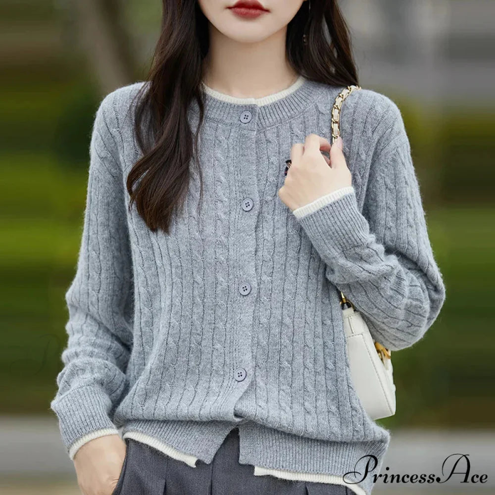 Stitched Small Bear Baggy Cashmere O-Neck Cardigan
