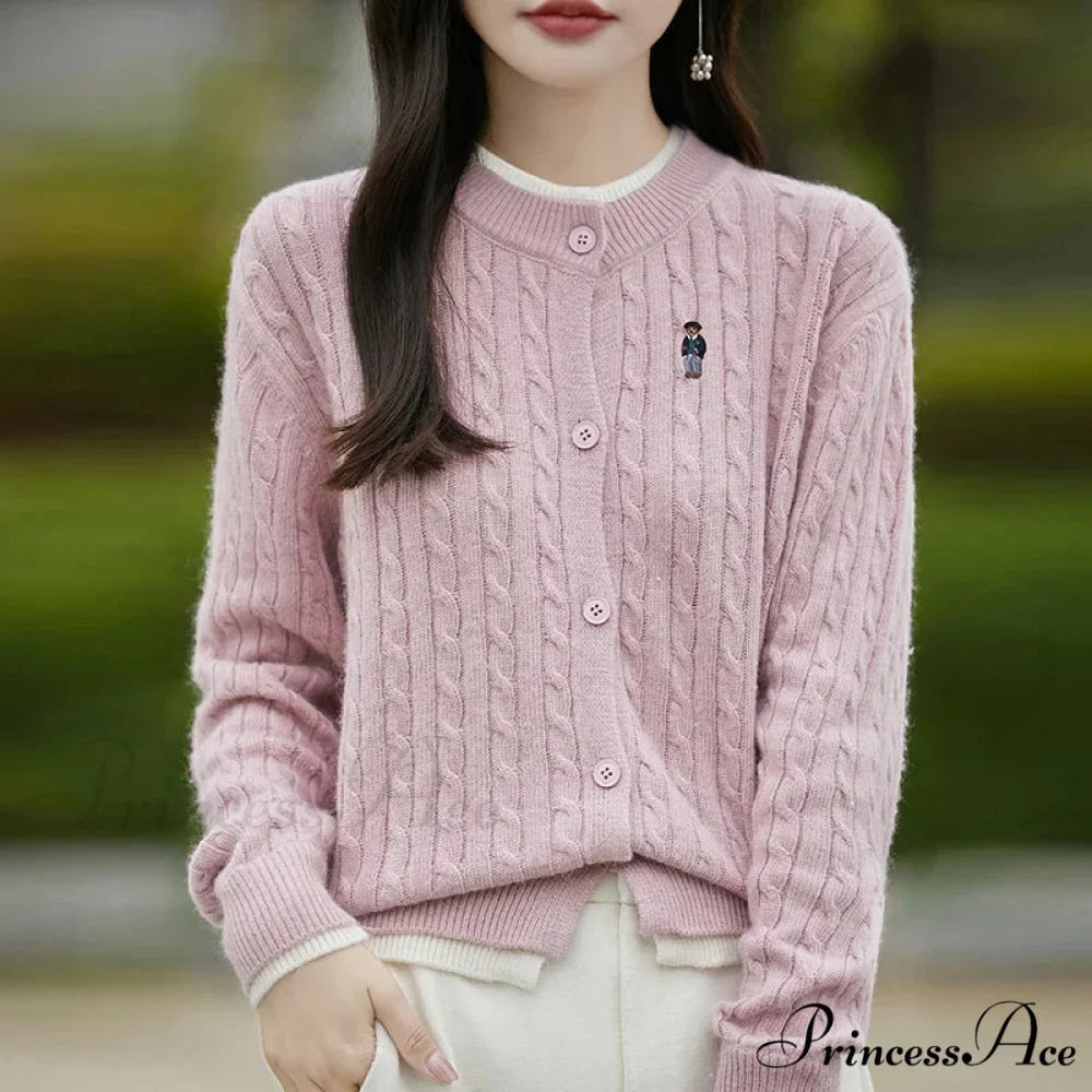 Stitched Small Bear Baggy Cashmere O-Neck Cardigan