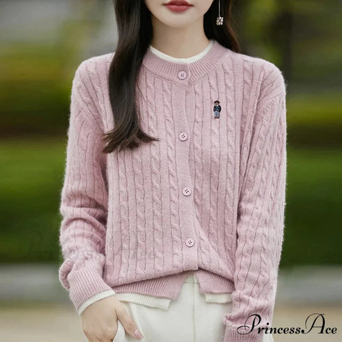 Stitched Small Bear Baggy Cashmere O-Neck Cardigan