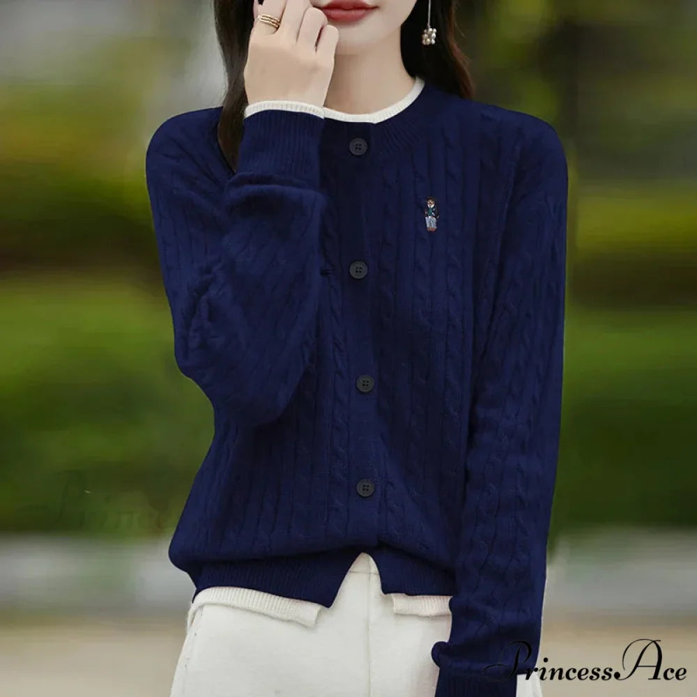 Stitched Small Bear Baggy Cashmere O-Neck Cardigan