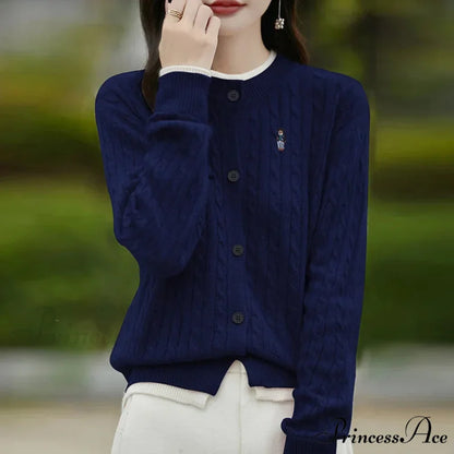 Stitched Small Bear Baggy Cashmere O-Neck Cardigan