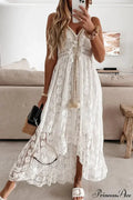 Strap Sleeveless Deep V-neck Tassel Lace Maxi White Boho Dress