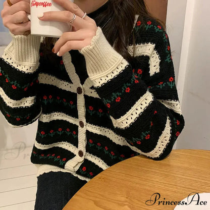 Striped Blossom Textured Button Front Cardigan