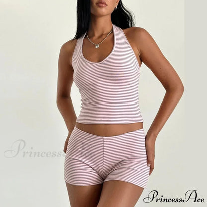 Striped Pattern Sleeveless V Neck Halter Crop Low Waist Shorts Two Pieces Set