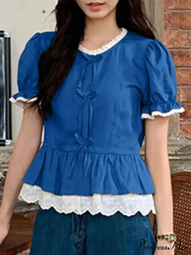 Strong Puff Sleeve Lace Patchwork High Neck Blouse