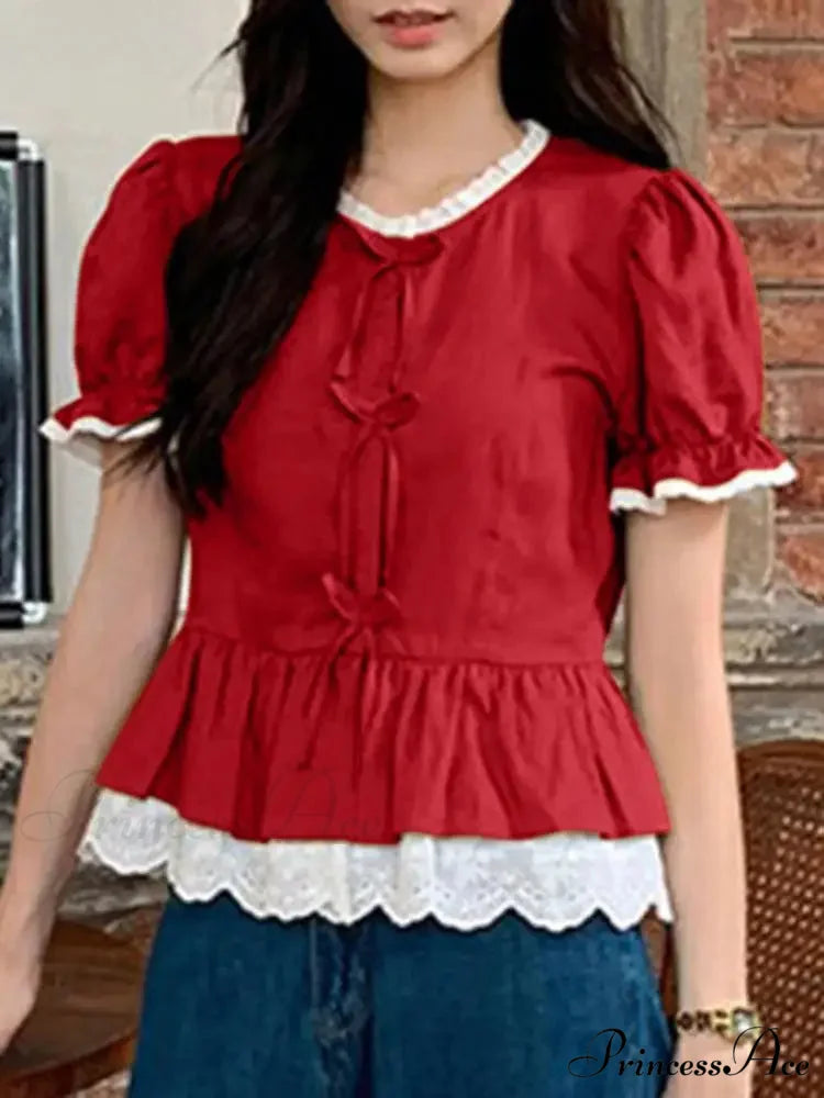 Strong Puff Sleeve Lace Patchwork High Neck Blouse