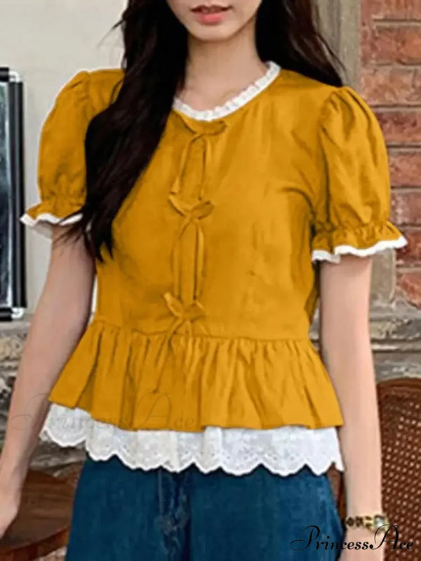 Strong Puff Sleeve Lace Patchwork High Neck Blouse