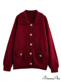 Stylish Collar Plain Buttoned Pockets Lengthy Knitted Cardigan