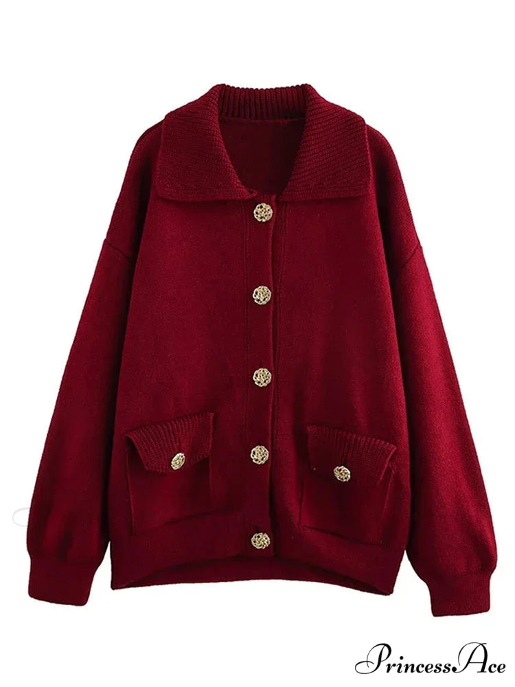 Stylish Collar Plain Buttoned Pockets Lengthy Knitted Cardigan
