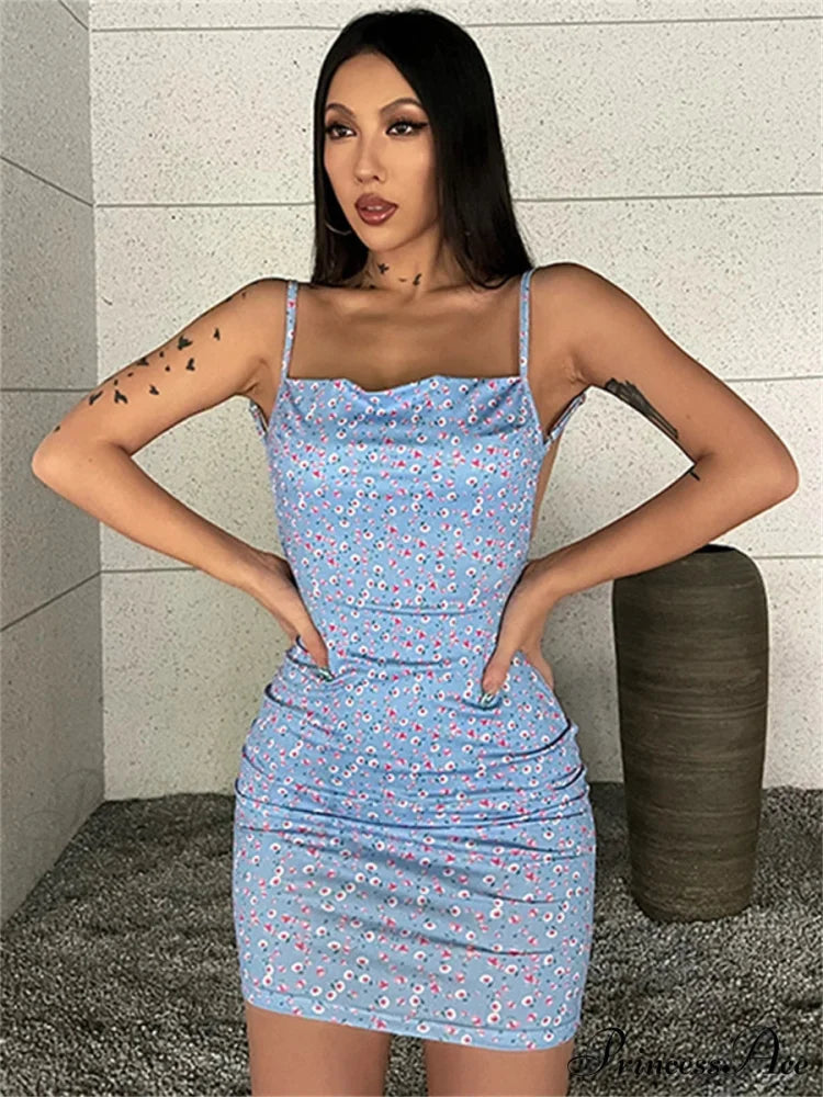 Stylish Flower Pattern Open-Back Sling Mini Suspender Wrap Bodycon Party Dress