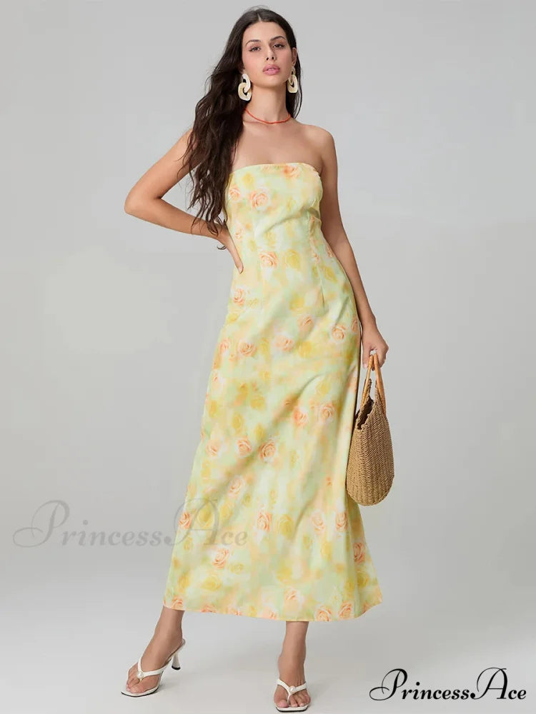 Stylish Flower Pattern Tube Backless Off-Shoulder Evening Gown Party Dress