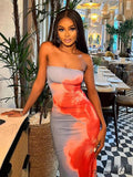 Stylish Flower Strapless Midi Split Backless Dress