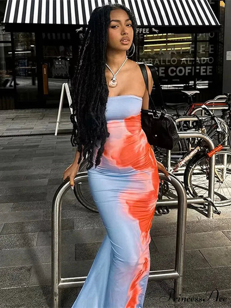 Stylish Flower Strapless Midi Split Backless Dress